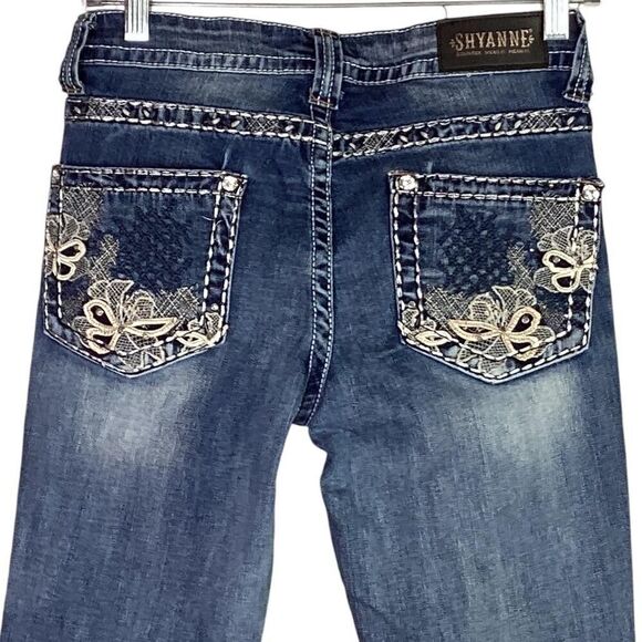 Shyanne Straight Jeans 26 Blue Low Rise Stretch Rhinestone Embroidery Hemmed - Picture 6 of 9